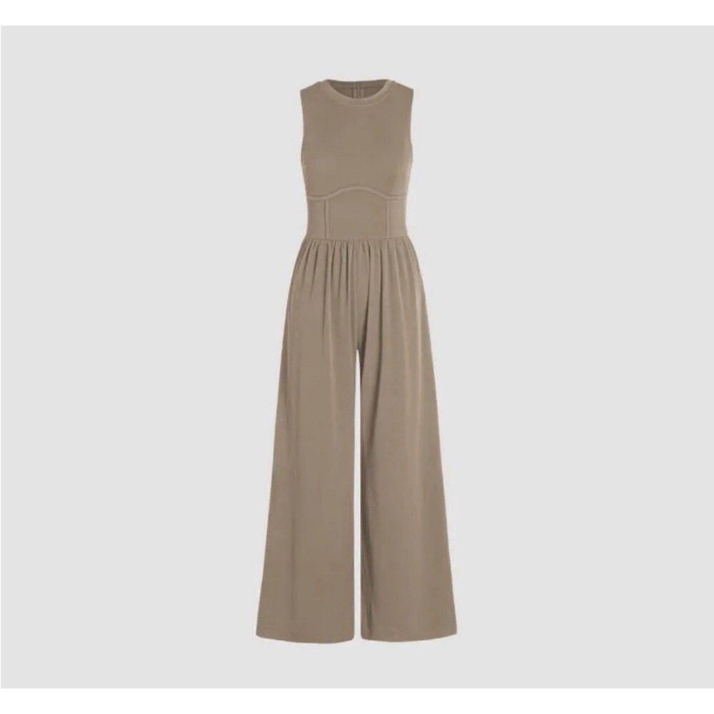 Cider Khaki Sleeveless Wide-Leg Jumpsuit Crew Neck Women's S